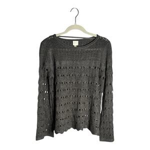Cupio Dark Gray Open Knit Long Sleeve Sweater Round Neckline Size Medium
